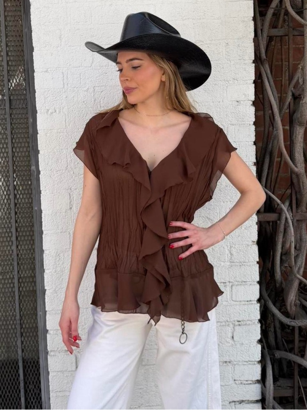 y2k western boho ruffle blouse -sheer chocolate brown flowy top w/ romantic